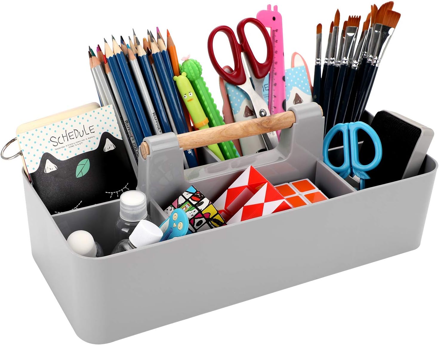 BTSKY Organizador de almacenamiento portátil de plástico apilable, organizador de almacenamiento dividido para manualidades con mango de madera para