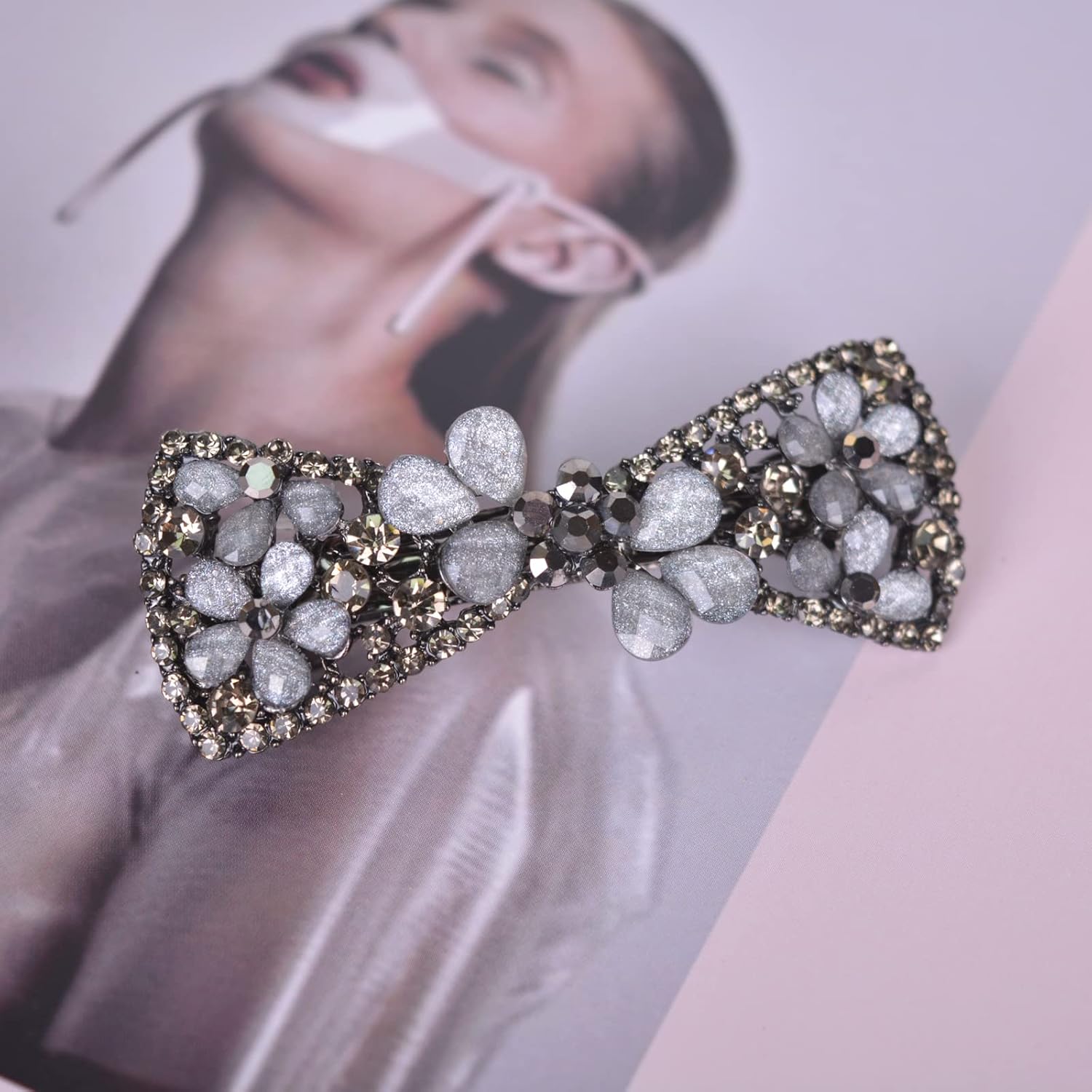 Horquilla de lujo con diamantes de imitación, diseño floral de cristal, pasador para el cabello, con lazo, regalo para mujeres y niñas (color A)