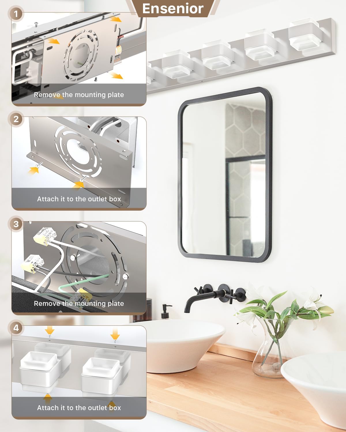 Ensenior Lámparas de baño, luces LED regulables sobre el espejo, CRI 90, luz diurna de 5000 K, acero inoxidable acrílico, 6 luces para tocador