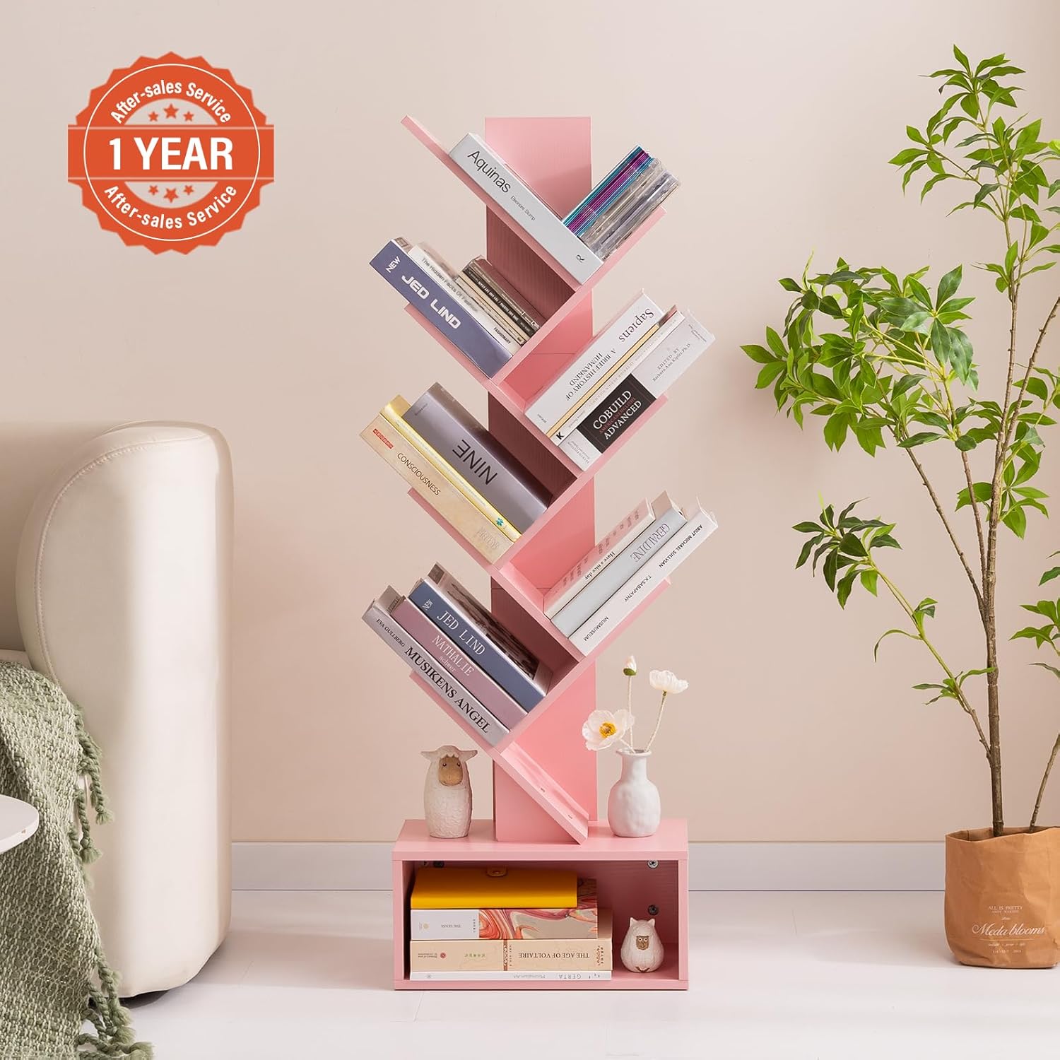 Yoobure Estantería de árbol  Estantería retro de 6 estantes, estante alto de almacenamiento de libros de madera para CDpelículaslibros, estantes