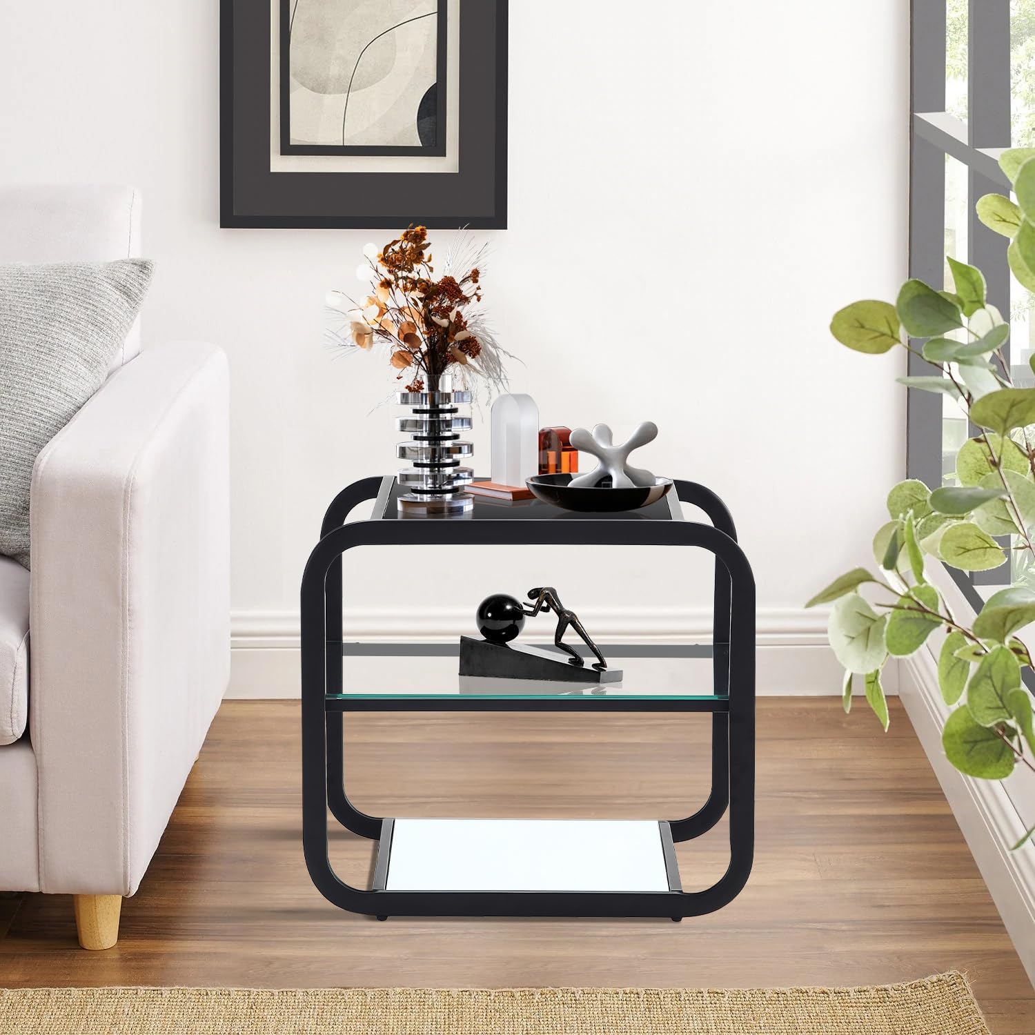 Get Set Style Mesa auxiliar con estante de almacenamiento de 3 niveles, mesa auxiliar cuadrada moderna, mesa auxiliar pequeña con marco de metal