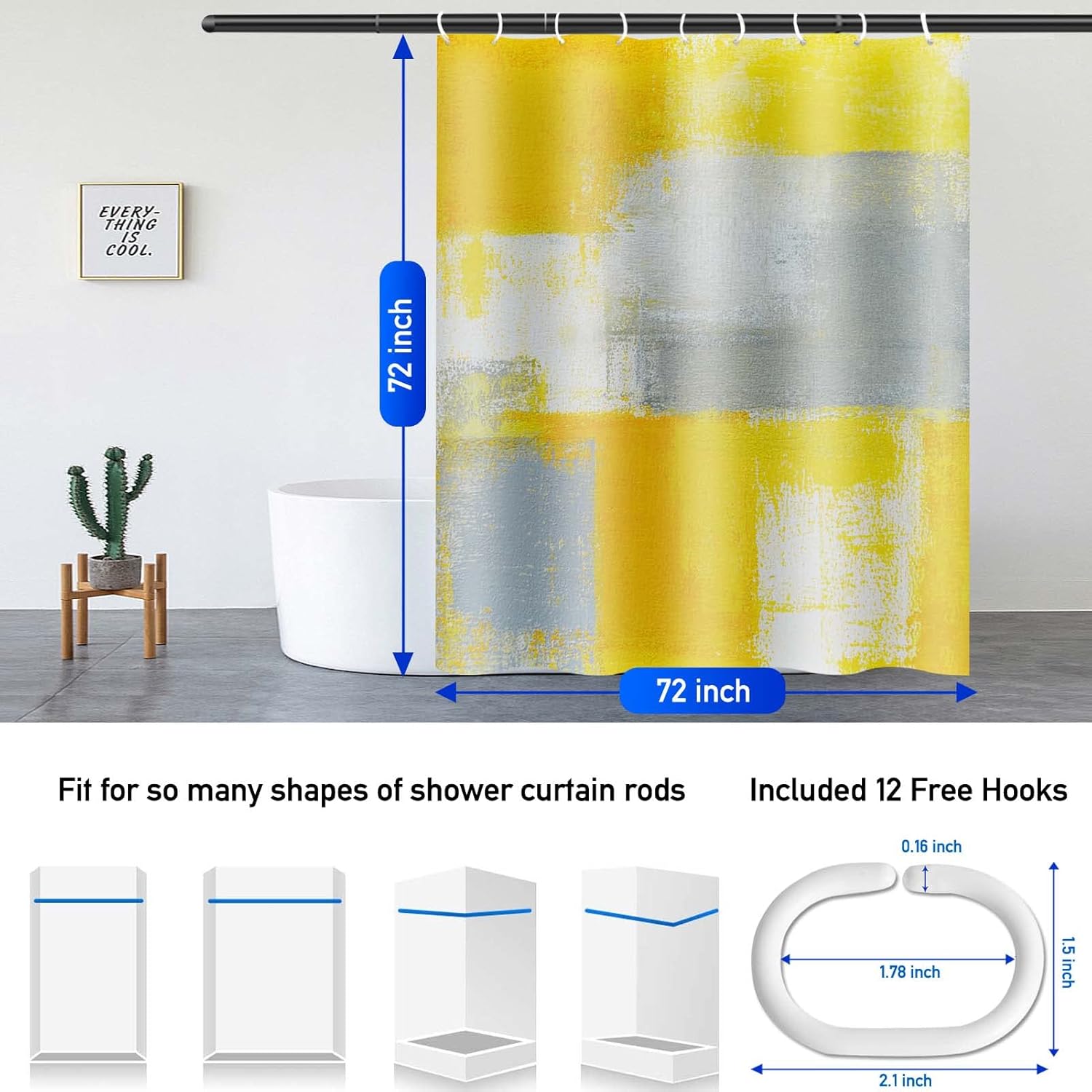 Lnond Cortina de ducha amarilla para baño, juego de cortinas de baño abstractas degradadas con 12 ganchos, arte amarillo y gris, decoración de baño,