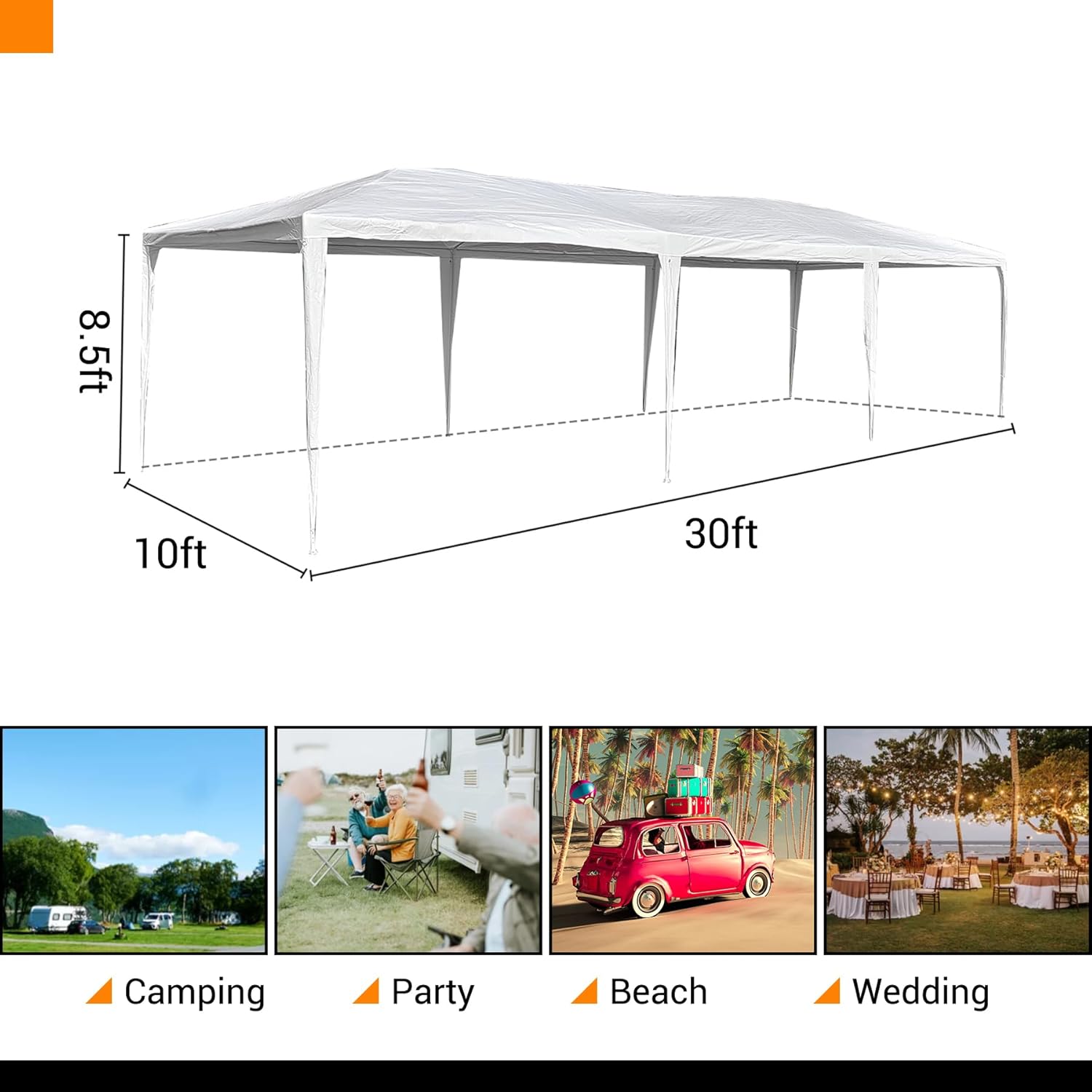 Tienda de campaña para fiestas al aire libre de 10 x 30 pies con toldo blanco y paredes laterales resistente, refugio solar impermeable para