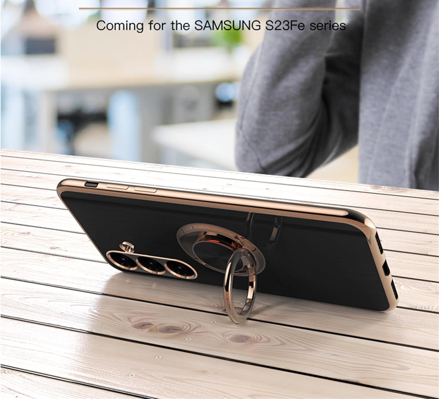 Funda para Galaxy S23 FE – Slim Fit Soporte de anillo giratorio Lujoso color dorado de metal Funda de silicona suave TPU protección a prueba de