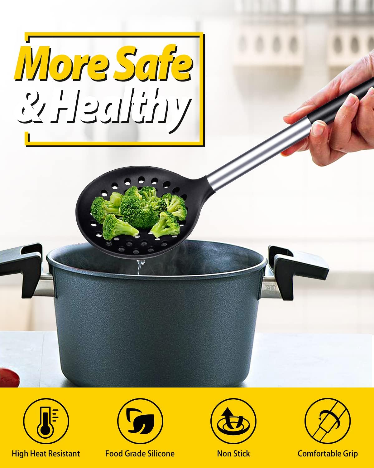 Kitchen Ladle Strainer Set of 2 Large Slotted Spoon with High Heat Resistant BPA Free Non Stick Cooking Skimmers For Draining & Frying (Black and