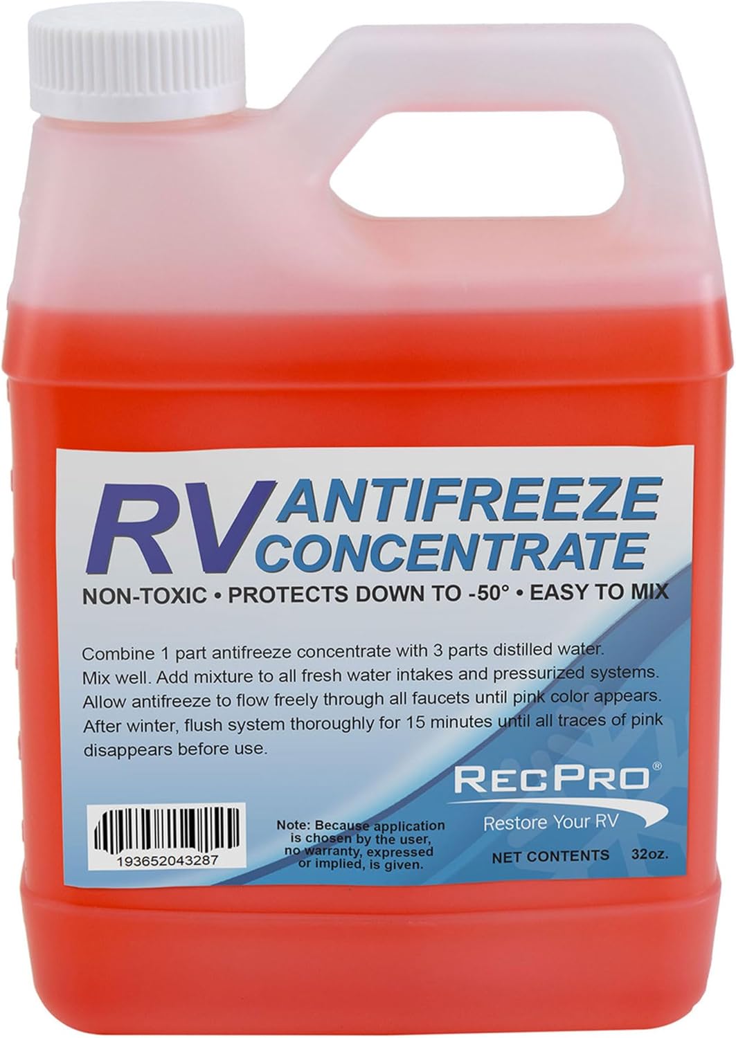 RecPro 32 onzas -50 grados Fahrenheit Protección RV Anticongelante Concentrado Líquido Mezclador para Invernación Vehículos Recreativos (Paquete de