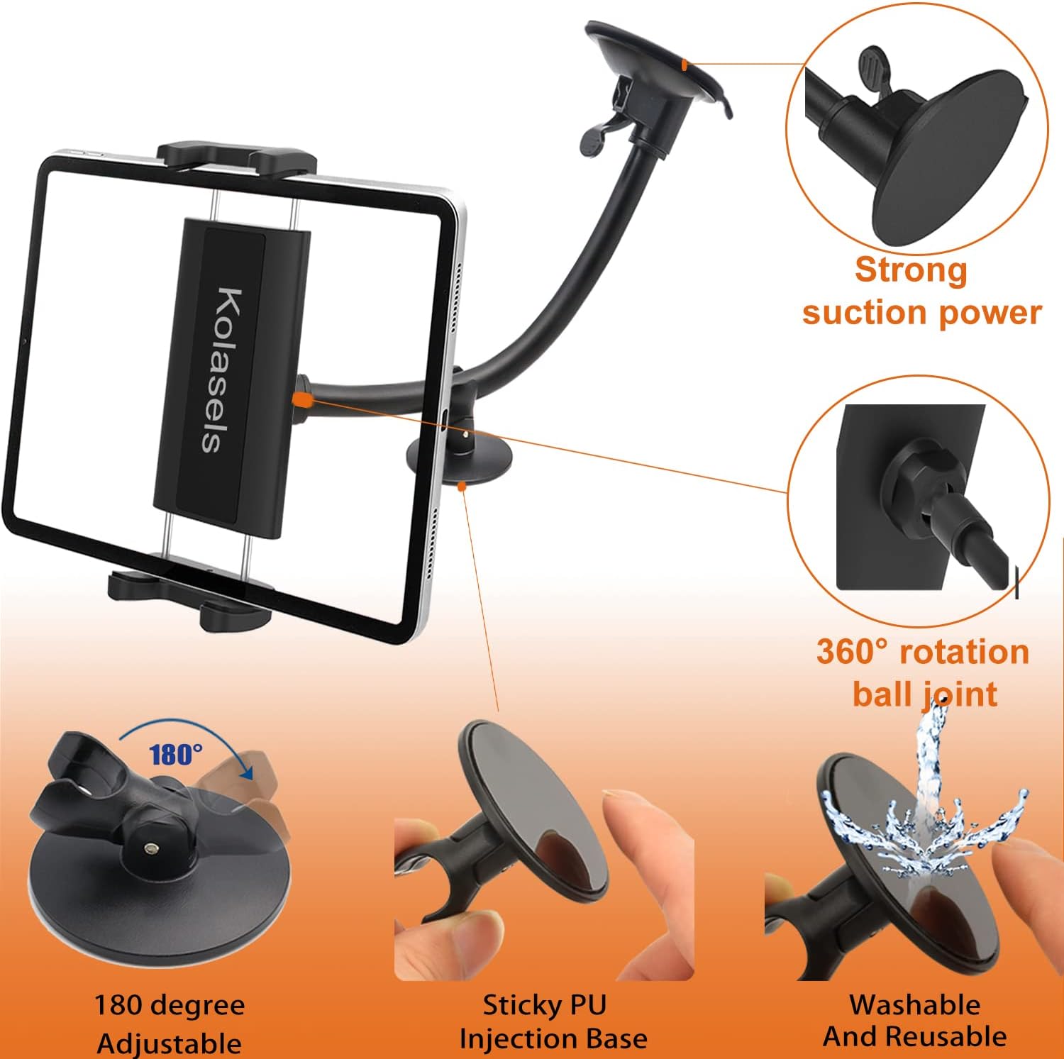 Soporte para tablet de parabrisas de camionetaautomóvil para iPad y teléfono de 4 a 13 pulgadas, soporte para tablet con brazo largo de cuello de