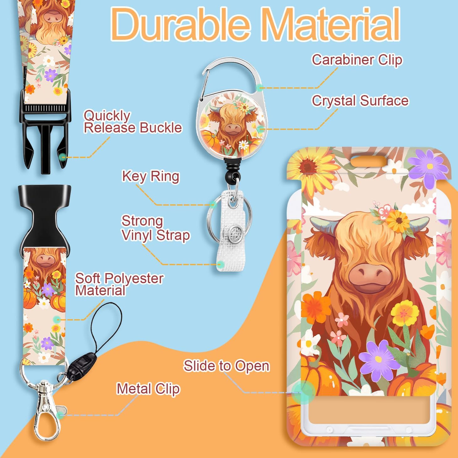 Highland Cow – Soporte para tarjetas de identificación con cordón, cordones de flores para insignias de identificación, carretes de insignias