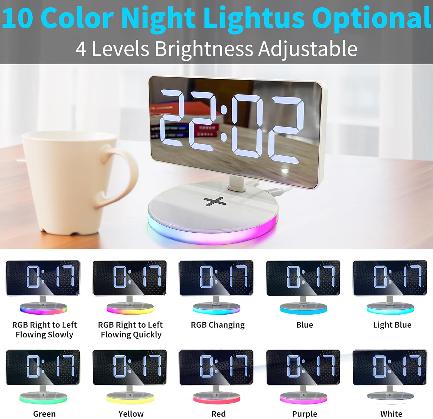 Reloj despertador digital con carga inalámbrica, espejo de escritorio, pantalla grande con luz RGB, alarma dual, repetición, cargador USB, atenuador