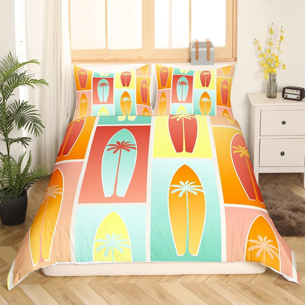 Manfei Juego de funda de edredón de tablas de surf de verano para niños, tamaño matrimonial, juego de ropa de cama de palmeras tropicales de 3