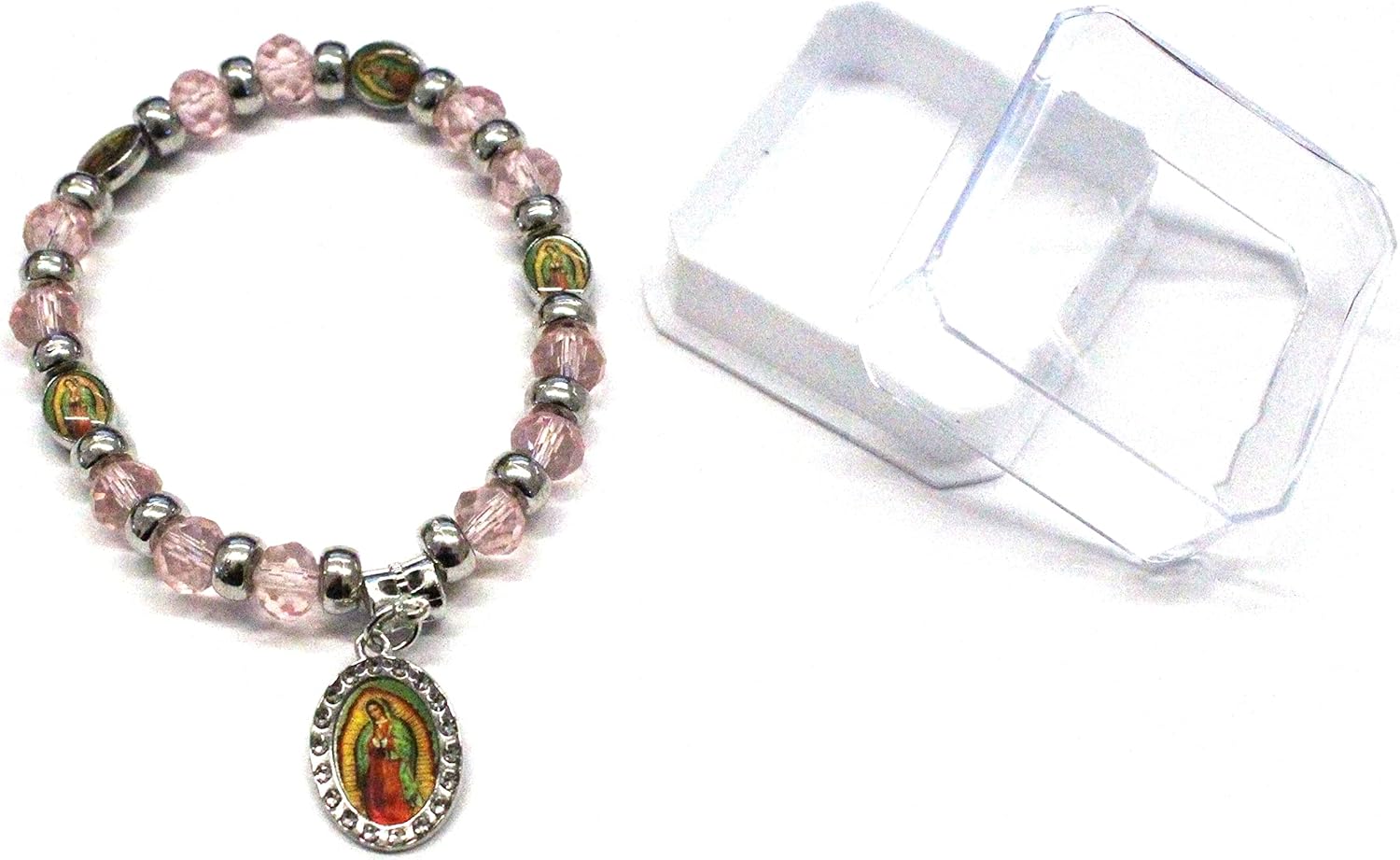 12 piezas de color rosa y plateado Lady Guadalupe Virgen María con cuentas, rosario para niña y niño, pulsera de bautismo, recuerdos de fiesta,