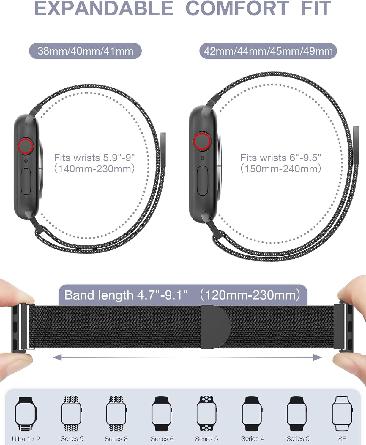 Correa de acero inoxidable original para Apple Watch Band de 1.496 in, 1.575 in, 1.614 in, 1.654 in, 1.732 in, 1.772 in, 1.772 in, correas de