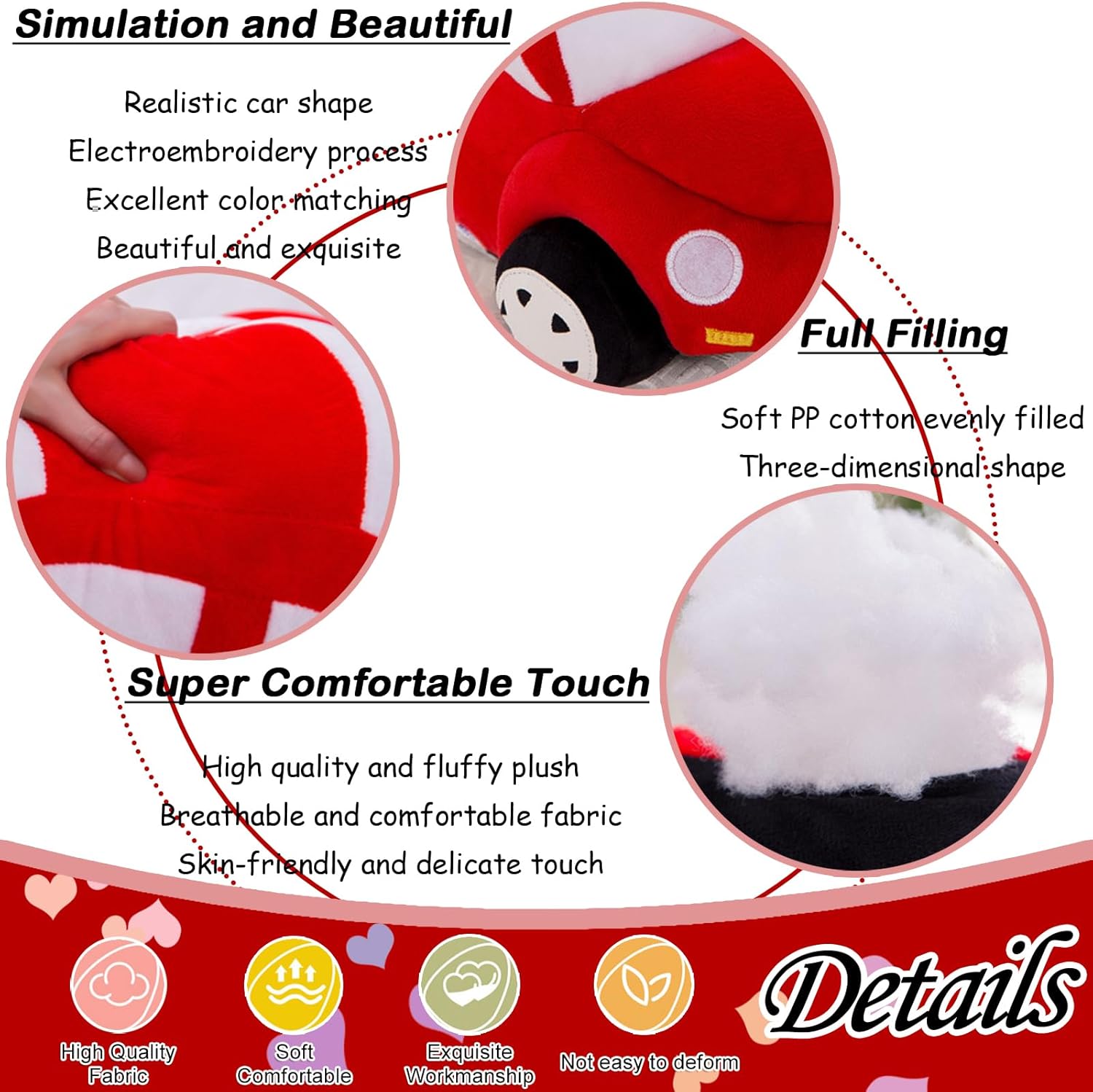 Almohada roja de peluche en forma de coche con forma de juguete lindo regalo para niños, 11.8 pulgadas