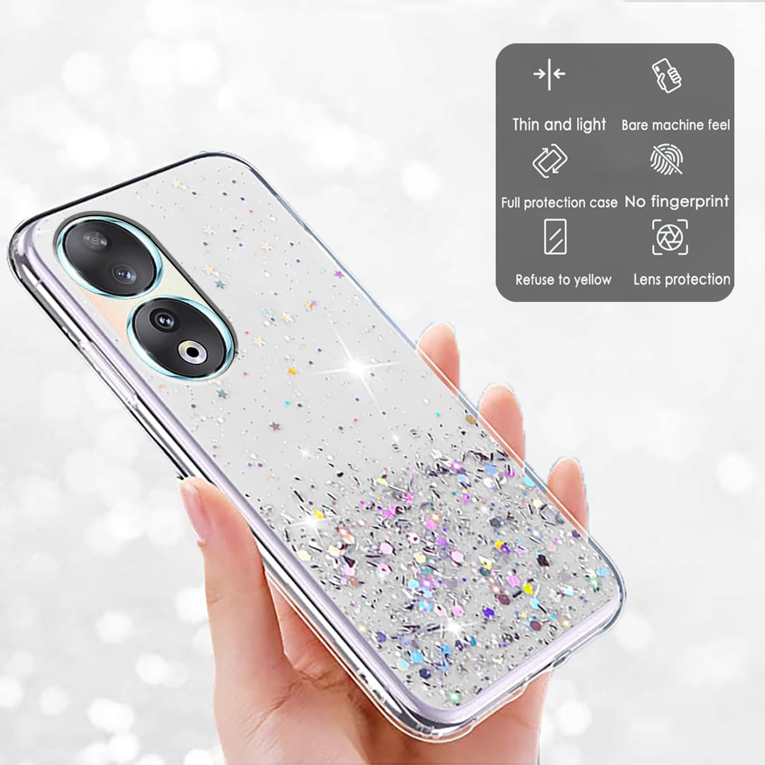 Funda compatible con Honor 90 con purpurina rosa transparente, Honor 90, funda para teléfono Honor 90, silicona transparente de TPU suave, para