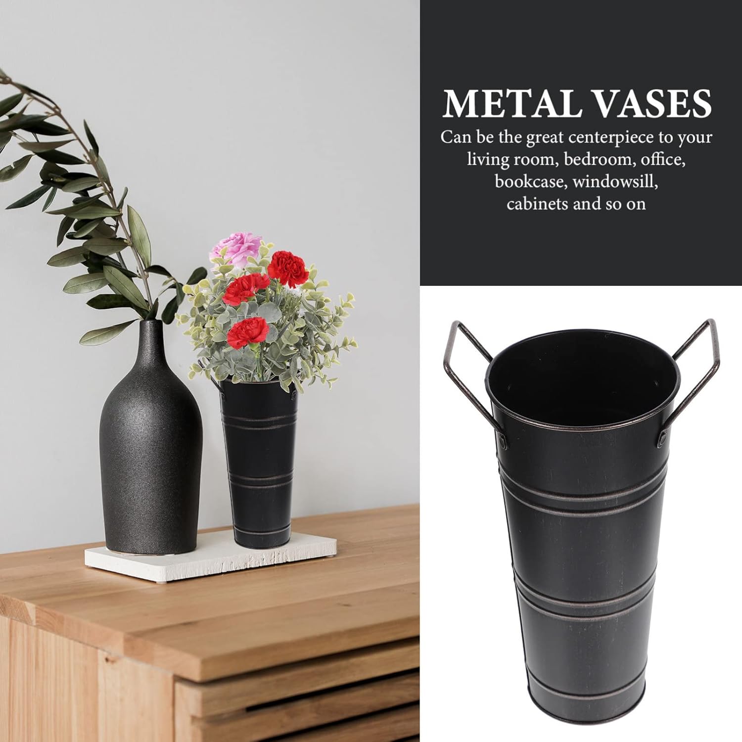 SEWACC Florero de metal galvanizado, estilo retro, de granja, estilo francés, con asa, florero rústico para el hogar, boda (negro)