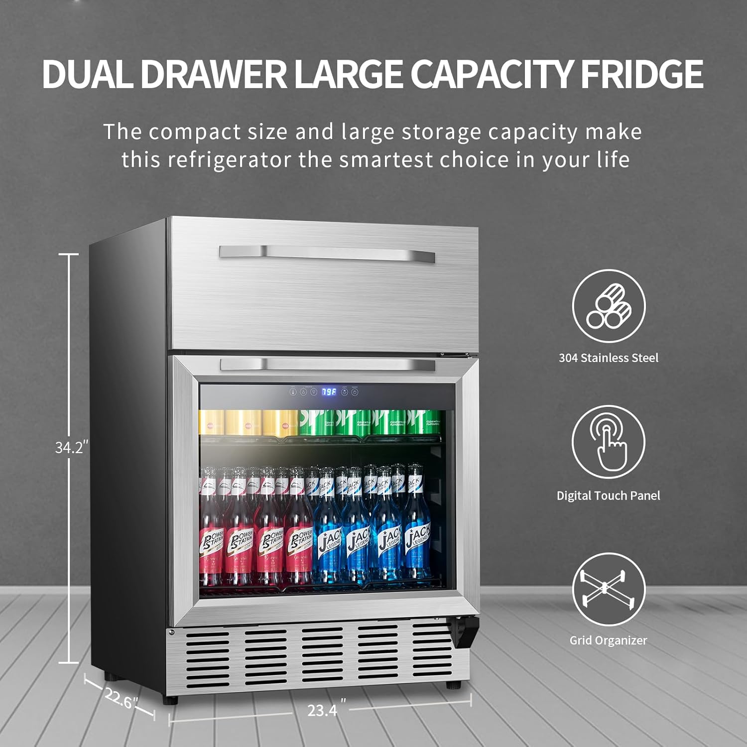 Karcassin Refrigerador de bebidas 2 en 1 de acero inoxidable para interiores de 24 pulgadas, con pantalla digital para uso doméstico y comercial