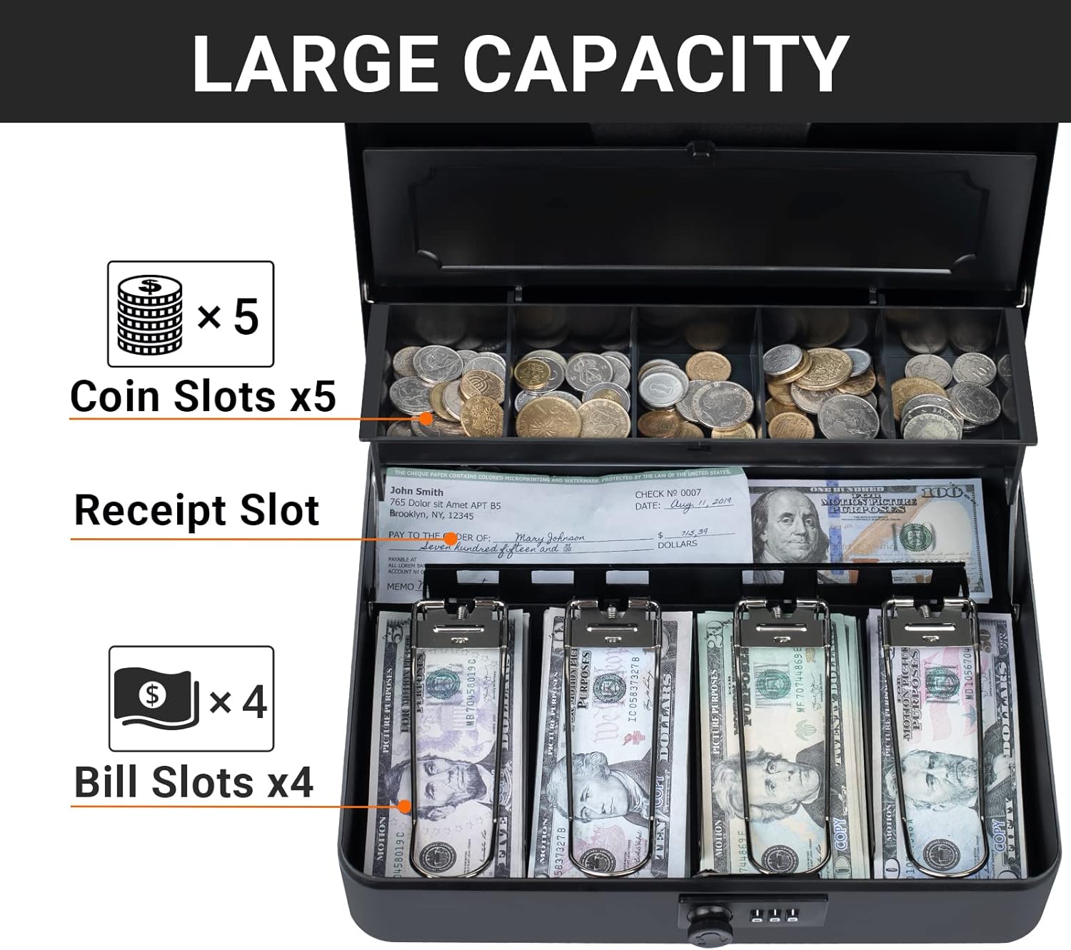 Tera Caja de dinero grande con bandeja de dinero y cerradura de combinación 4 billetes 5 ranuras para monedas caja de dinero portátil de metal