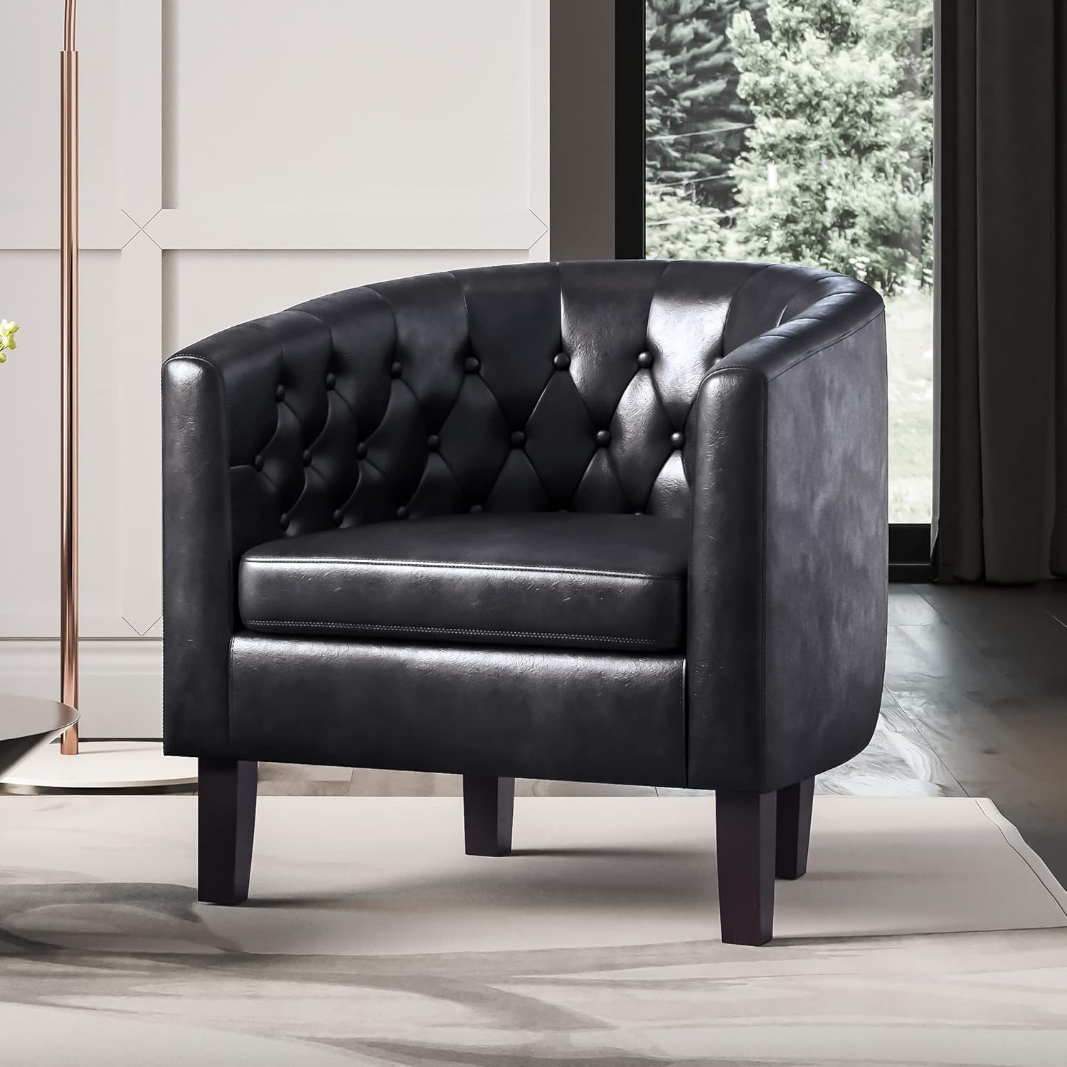 BELLEZE Sillas decorativas negras para sala de estar, elegante sillón tapizado con barril capitoné, silla de club para dormitorio con patas