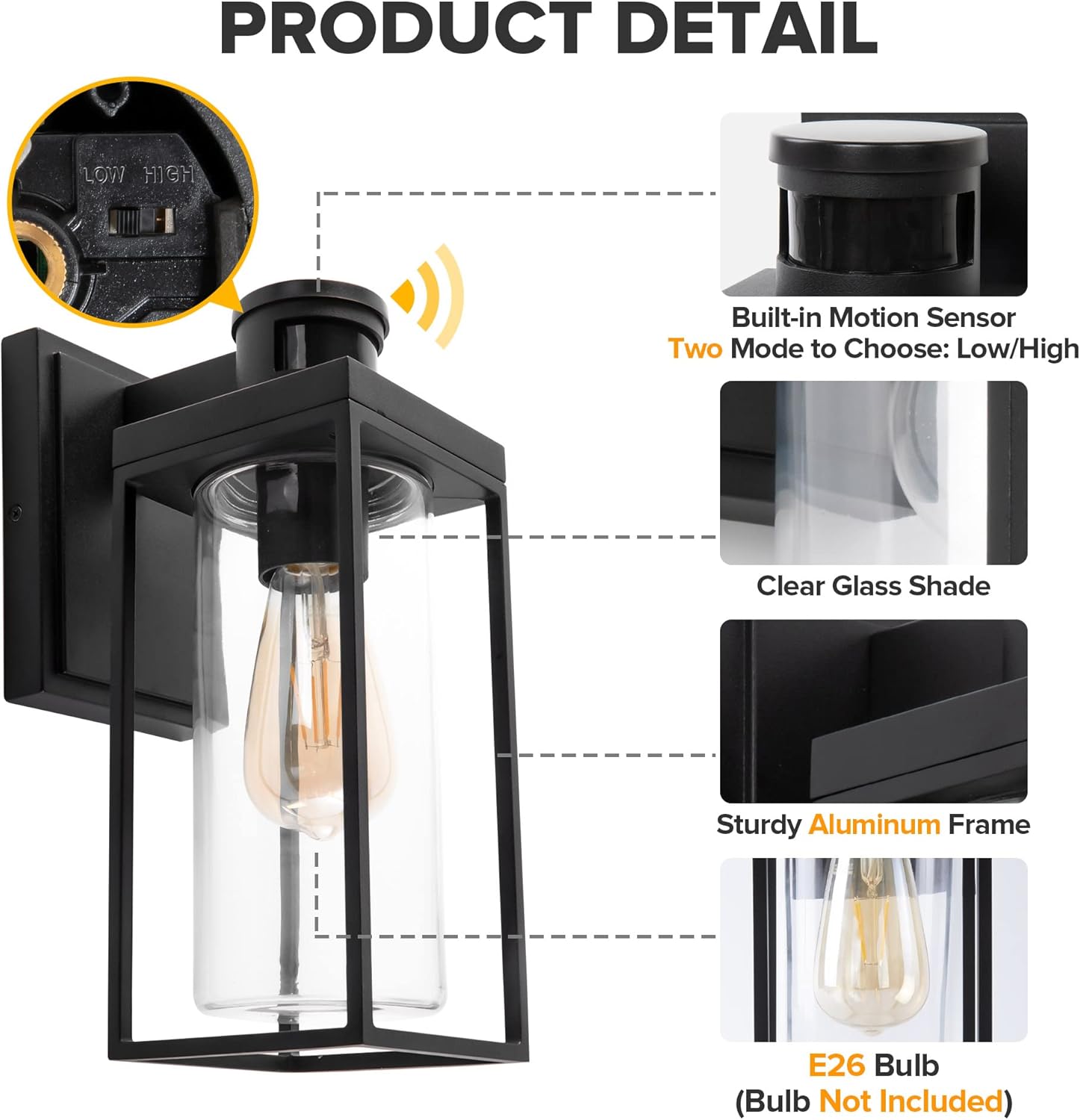 LUTEC Lámpara de pared exterior con sensor de movimiento, aplique de pared exterior del atardecer al amanecer, linterna de pared de aluminio