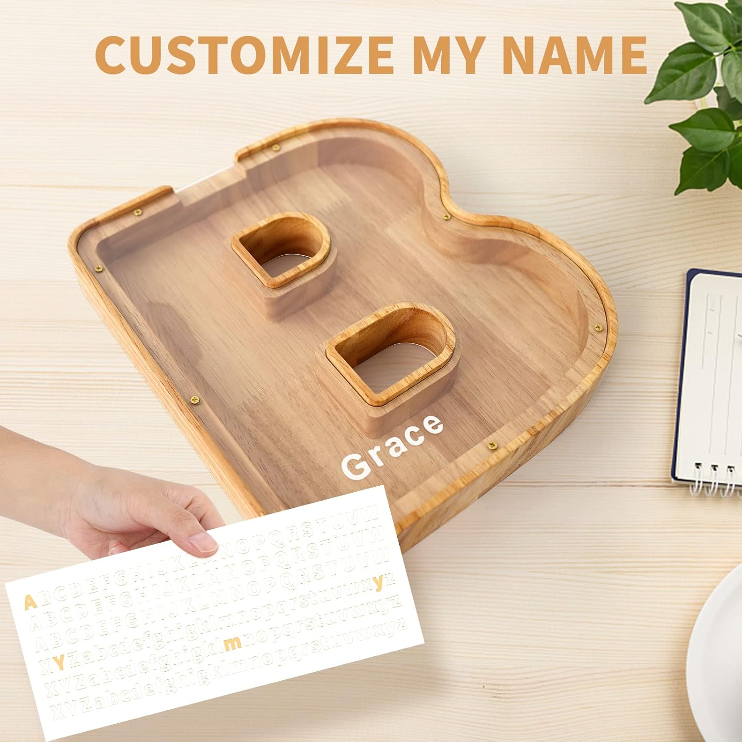 WOOD CITY Alcancía con letras para adultos, niños y niñas, de madera de 9 pulgadas, caja de dinero personalizada, nombre personalizado, regalo