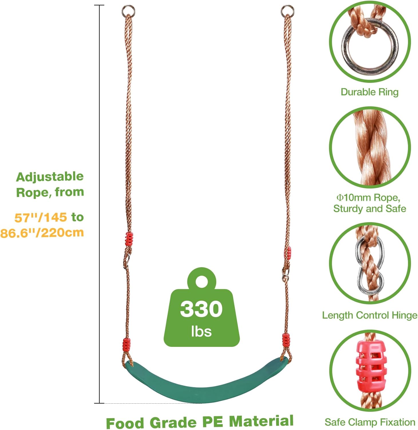 RedSwing Asiento de columpio para niños al aire libre con cuerda de 57-86 pulgadas, repuesto de asiento de columpio de seguridad para niños,