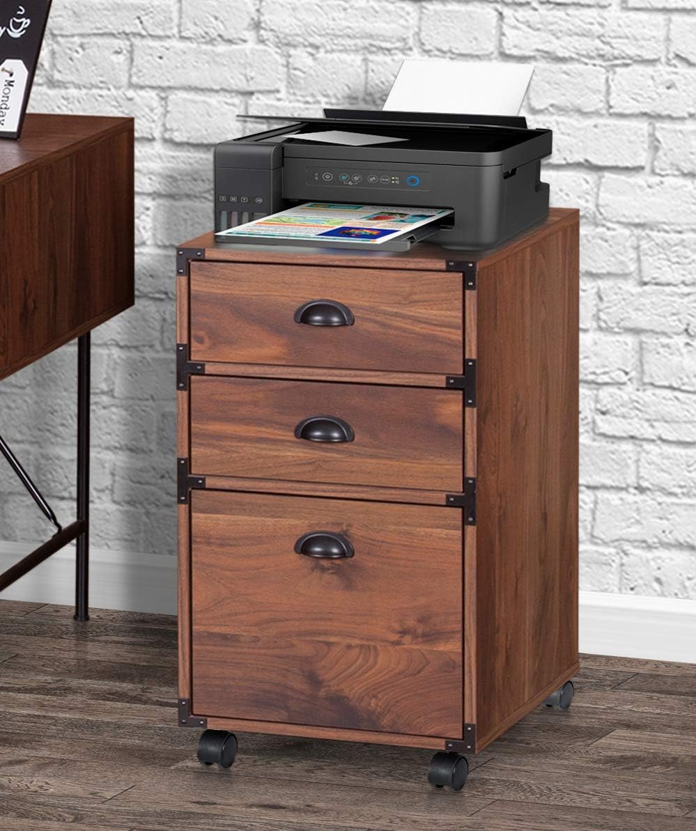 Carabelle Archivo vertical móvil, gabinete de madera de 3 cajones para la oficina en casa, nogal