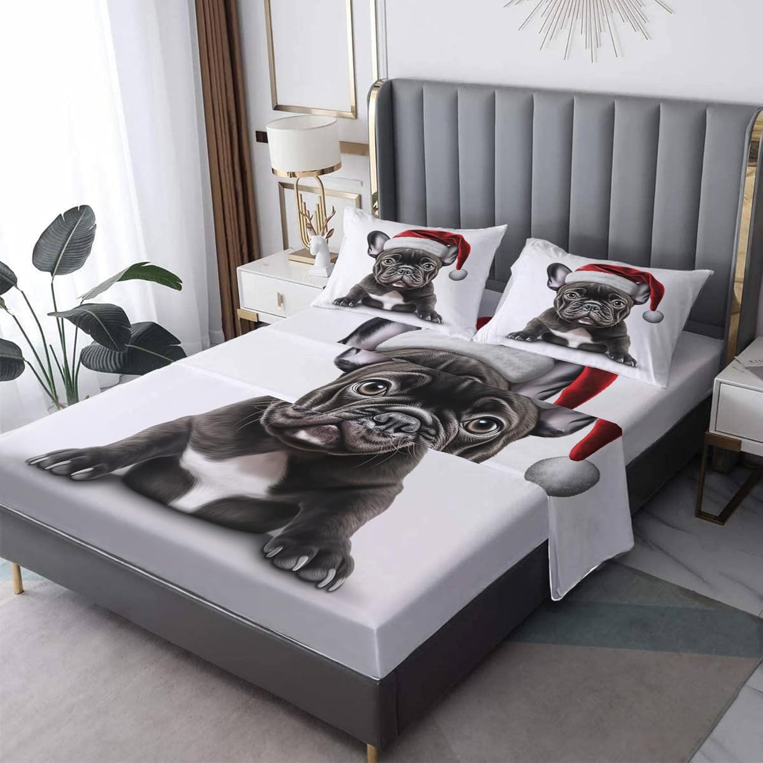 Sábanas de bulldog francés negro tamaño matrimonial, sábanas de cama con temática navideña, microfibra suave y bolsillo profundo, sábanas y fundas