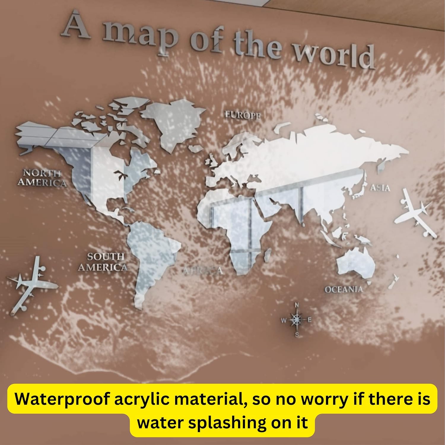 Calcomanías de pared 3D de acrílico con mapa del mundo impermeable para aula, oficina, habitación de los niños, pasillo, biblioteca, etc. (S,