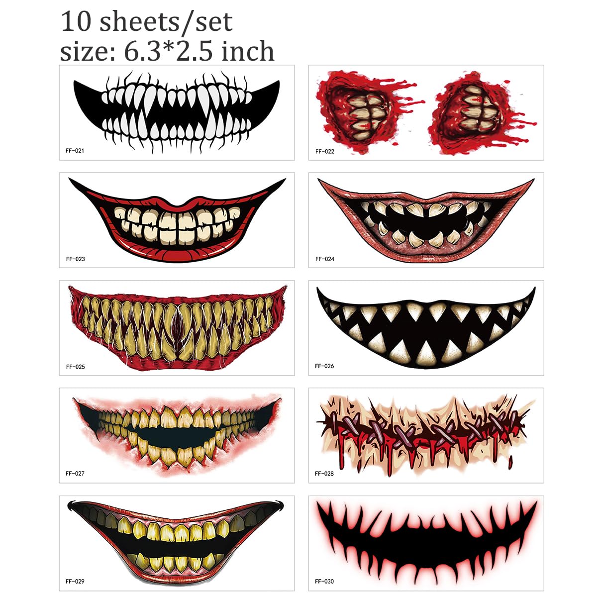 10 hojas de calcomanías temporales de Halloween para tatuajes de broma, para la cara, calcomanías temporales de boca de payaso de terror, heridas de