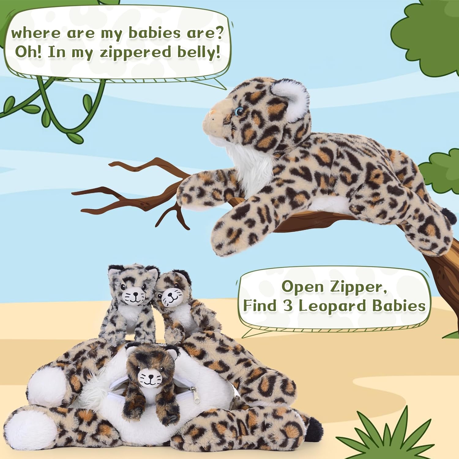 MorisMos Animales de peluche de guepardo para niñas y niños, 4 piezas de peluche de leopardo a granel, juguete realista de guepardo para cumpleaños