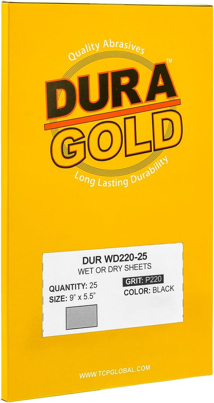 Dura-Gold Hojas de papel de lija húmedo o seco de grano 220, 5-12 x 9 pulgadas, caja de 25 – lijado de corte medio, detalles, pulido automotriz,