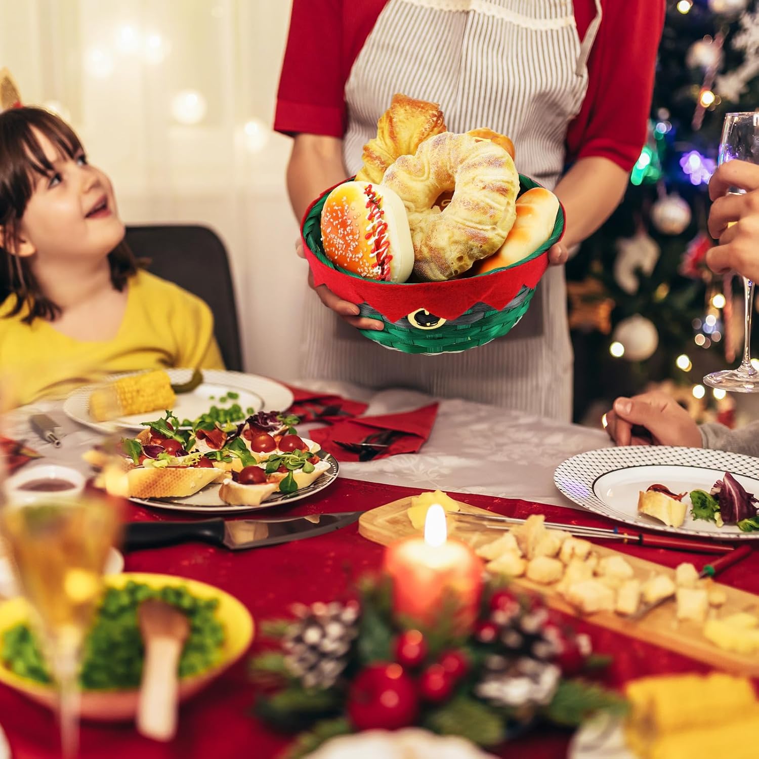Roowest Cestas redondas de bambú de regalo de Navidad, cestas tejidas para regalos, cestas de personajes de vacaciones, cestas de regalo decorativas