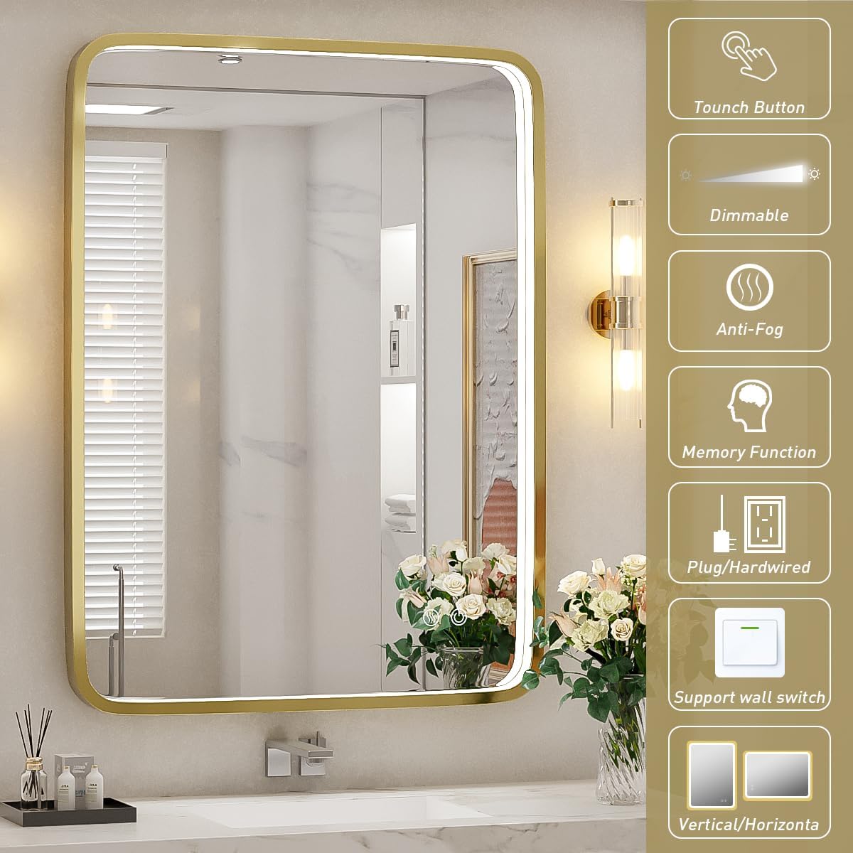 Espejo de baño LED de 28 x 36 pulgadas con luces, espejos de tocador iluminados para montar en la pared con marco de metal dorado que no se oxida,