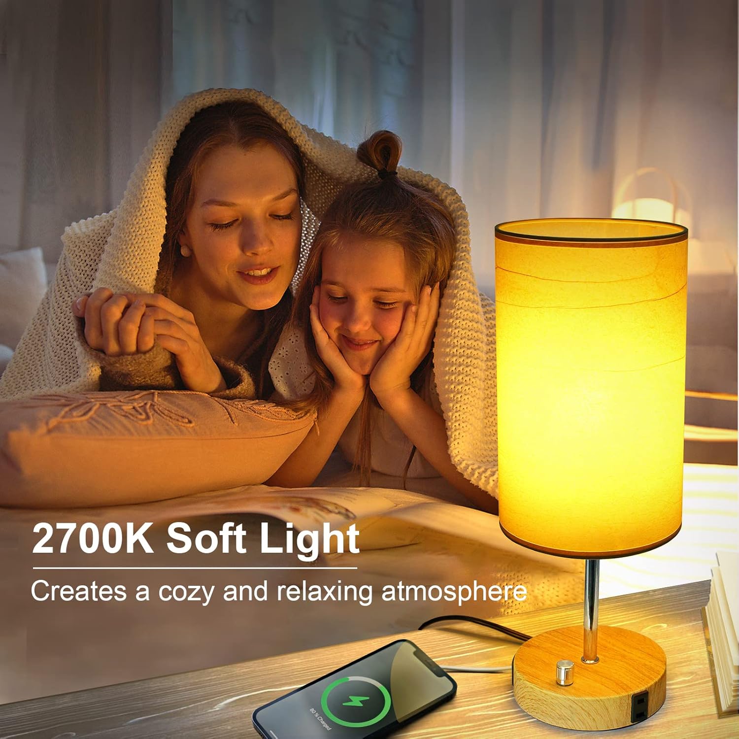 Lámpara de mesita de noche de 15.75 pulgadas con control táctil, puertos de carga USB A+C y salida de CA, mesa de noche regulable de 3 vías, luz LED
