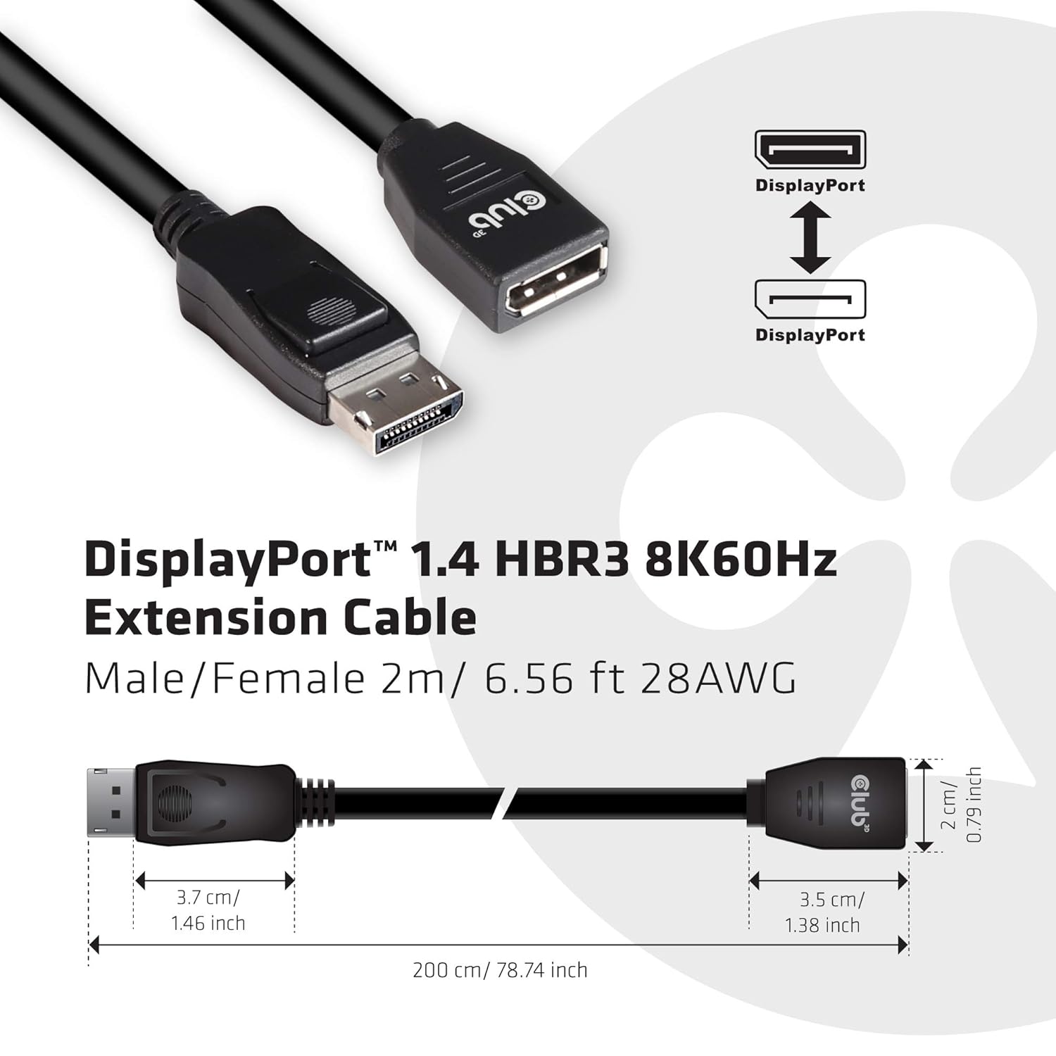 Club 3D Cable de extensión CAC-1022 DisplayPort 1.4 HBR3 8K60Hz o 4K144Hz MF 6.6 ft 6.56 pies
