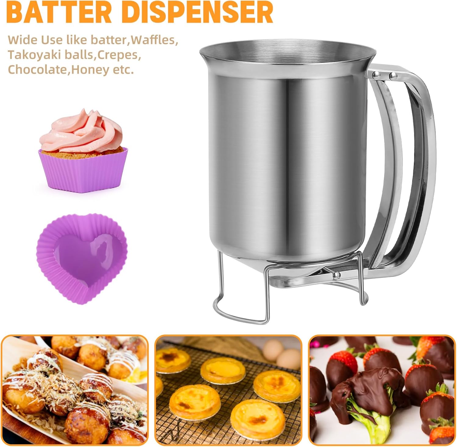 Houzemann Dispensador de masa de acero inoxidable 2 en 1 de 27.1 fl oz con mango para apretar, vertedor de panqueques irrompible, herramienta de