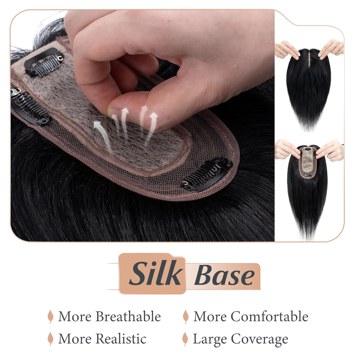 Benehair Toppers para el cabello para mujer, 100% cabello humano real, densidad del 150%, hecho a mano, base de seda, piezas de cabello con clip