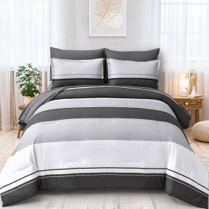 Mybedsoul Juego de edredón tamaño Queen de 7 piezas, juego de edredón a rayas grises y negras, juego de edredón alternativo de microfibra suave para Mybedsoul Juego de edredón tamaño Queen de 7 piezas, juego de edredón a rayas grises y negras, juego de edredón alternativo de microfibra suave para