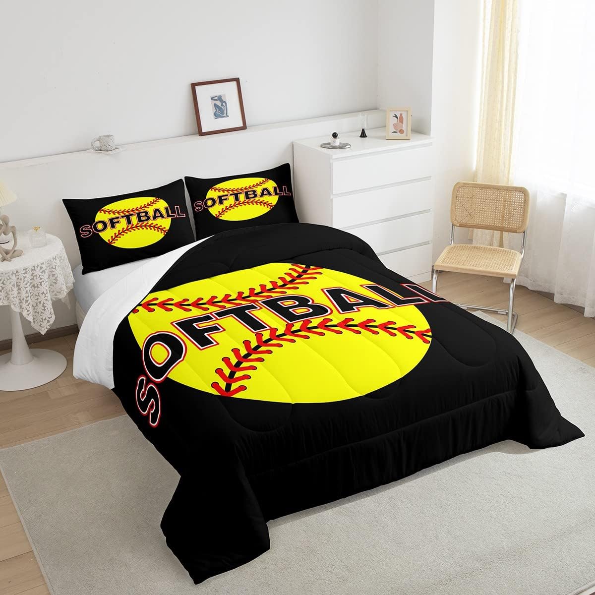 Erosebridal Juego de ropa de cama de béisbol para niños y niñas, edredón de sóftbol matrimonial, edredón amarillo de plumón de sóftbol para