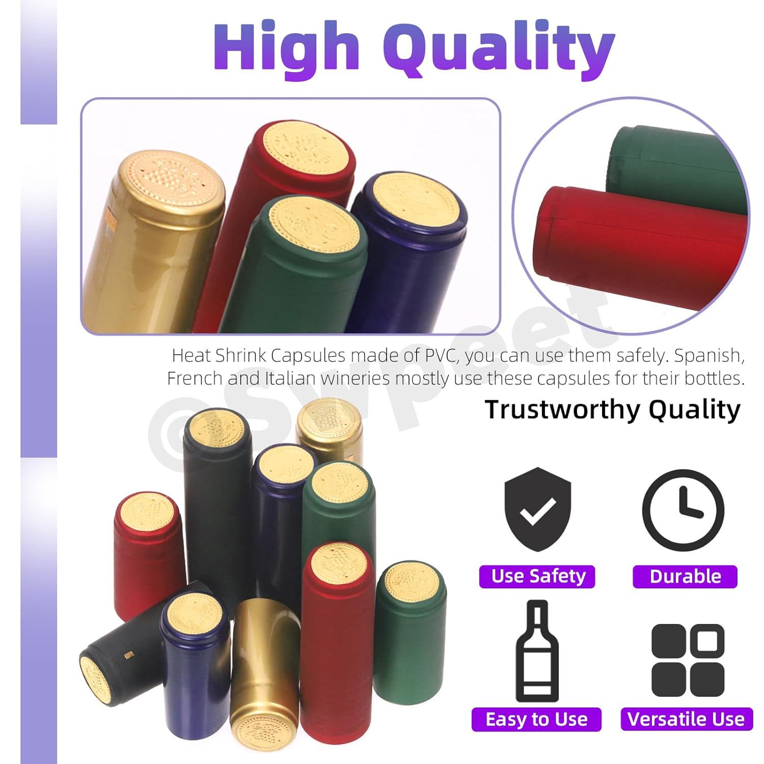 Swpeet 190 cápsulas termorretráctiles de PVC de 8 colores y botella de vino recta natural, tapón de corcho, surtido de tapones de corcho, envoltura