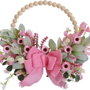 TEMPUS Corona de puerta con cuentas de madera de primavera de 16 pulgadas, margarita rosa, corona de lazo de arpillera, día de San Valentín, TEMPUS Corona de puerta con cuentas de madera de primavera de 16 pulgadas, margarita rosa, corona de lazo de arpillera, día de San Valentín,