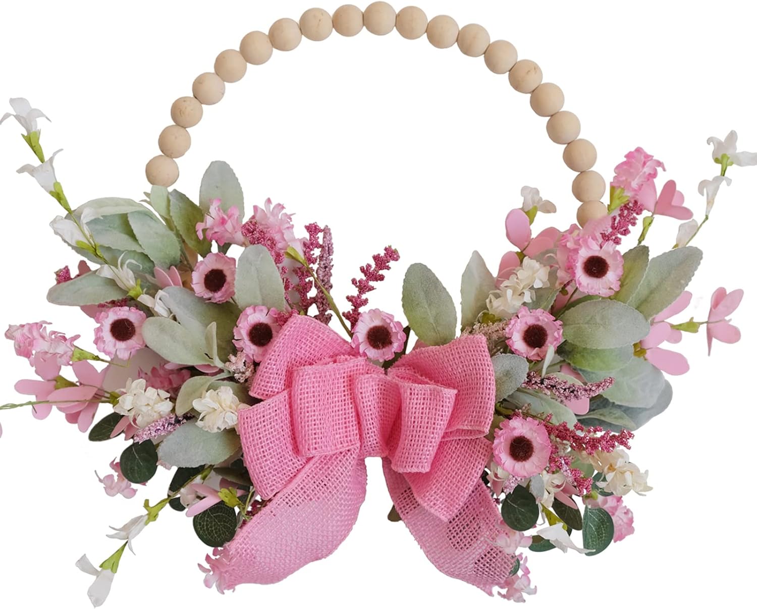 TEMPUS Corona de puerta con cuentas de madera de primavera de 16 pulgadas, margarita rosa, corona de lazo de arpillera, día de San Valentín,