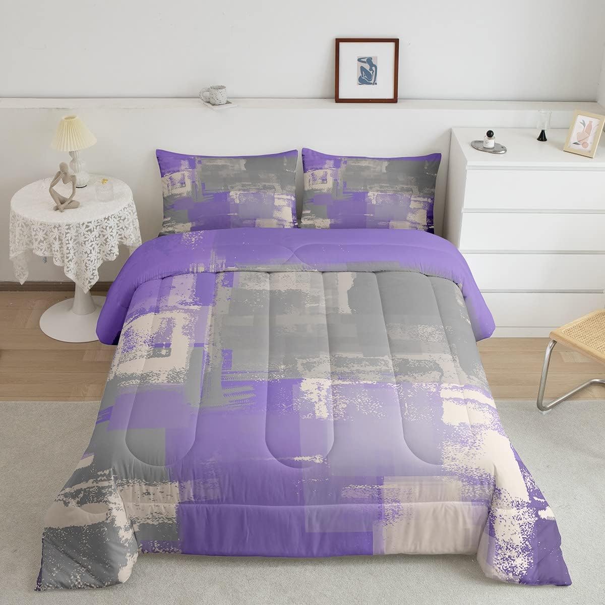 Erosebridal Juego de edredón gris morado para niños, niñas y adolescentes, juego de ropa de cama de pintura al óleo King, relleno de edredón de