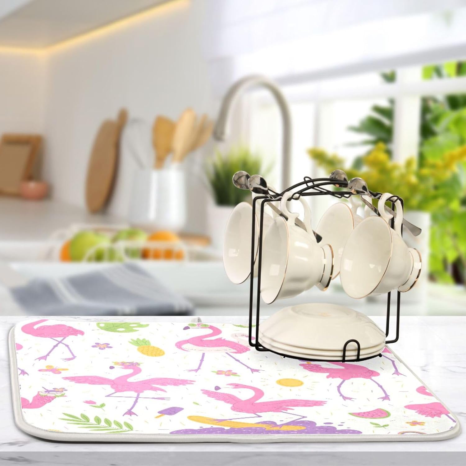 Alfombrilla de secado de platos Pink Flamingos para encimera de cocina, 18 x 24 pulgadas, almohadilla de secado ultra absorbente, accesorios de