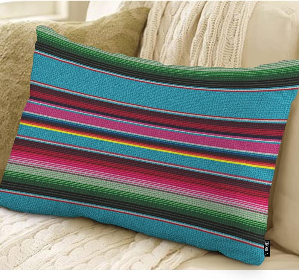 EKOBLA Fundas de almohada rectangulares rectangulares de rayas mexicanas, diseño étnico del Cinco de Mayo, color arcoíris, a rayas, algodón, lino,