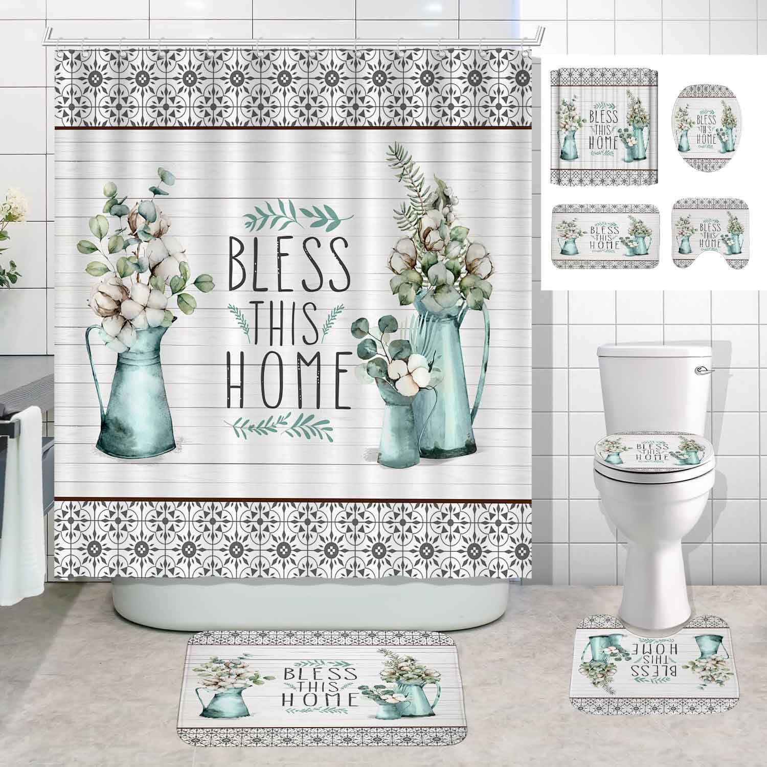 Juego de 4 cortinas de ducha de granja, flores de algodón blanco, jarrón verde menta, hojas de eucalipto, decoración de baño rústica, cortina de