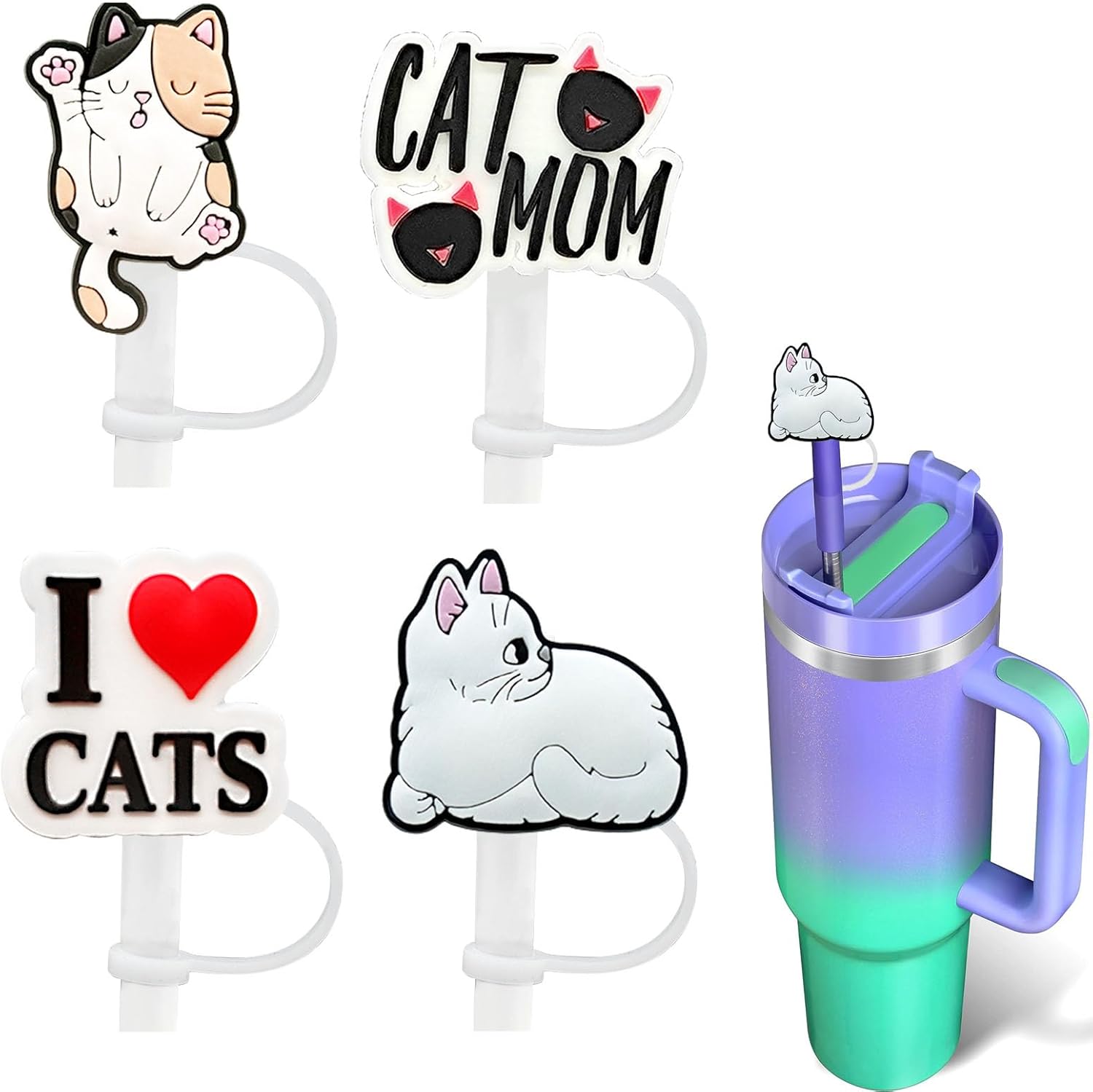 I Love Cat – Fundas de paja para Stanley de 30 y 40 onzas, fundas de paja de 0.394 pulgadas, bonitos adornos de paja de dibujos animados para vasos,