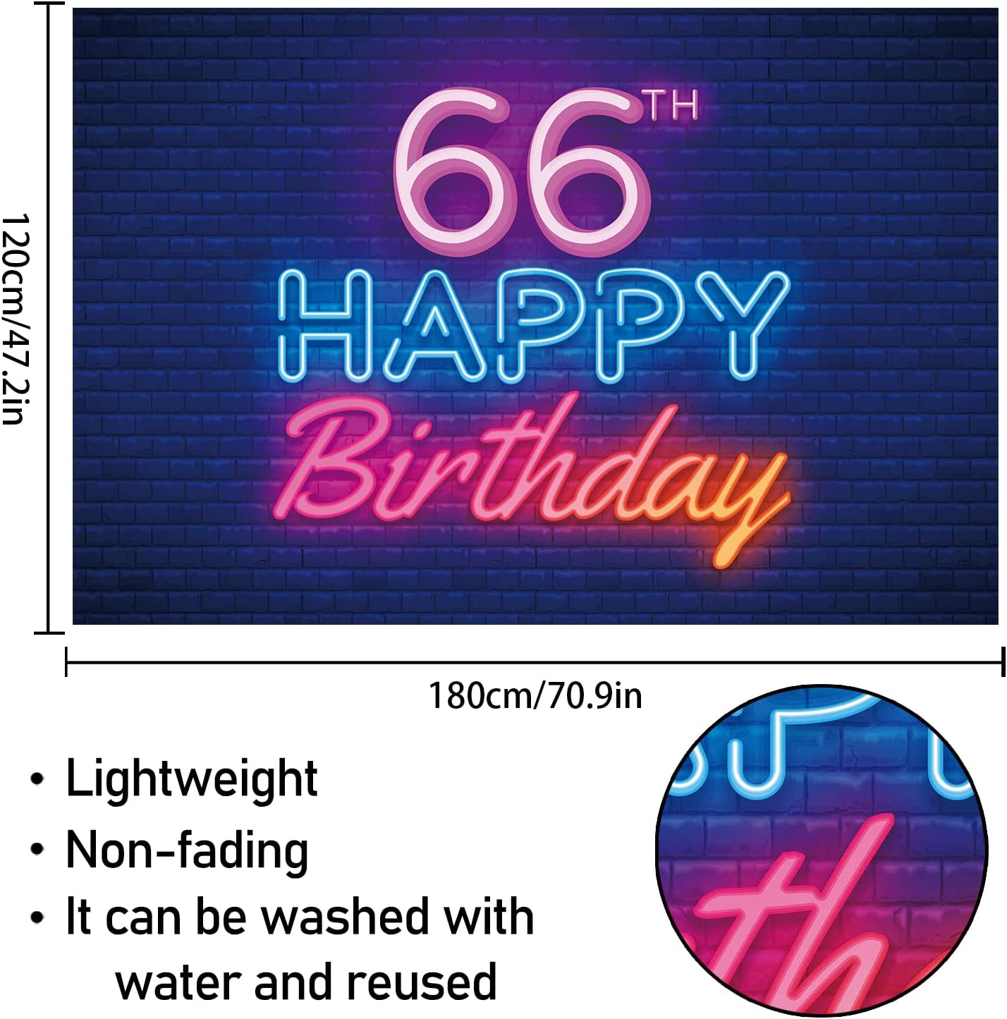 Cartel de fondo de neón brillante con texto en inglés “Happy 66th Birthday”, decoración temática de fiesta de cumpleaños de 66 años para hombres y