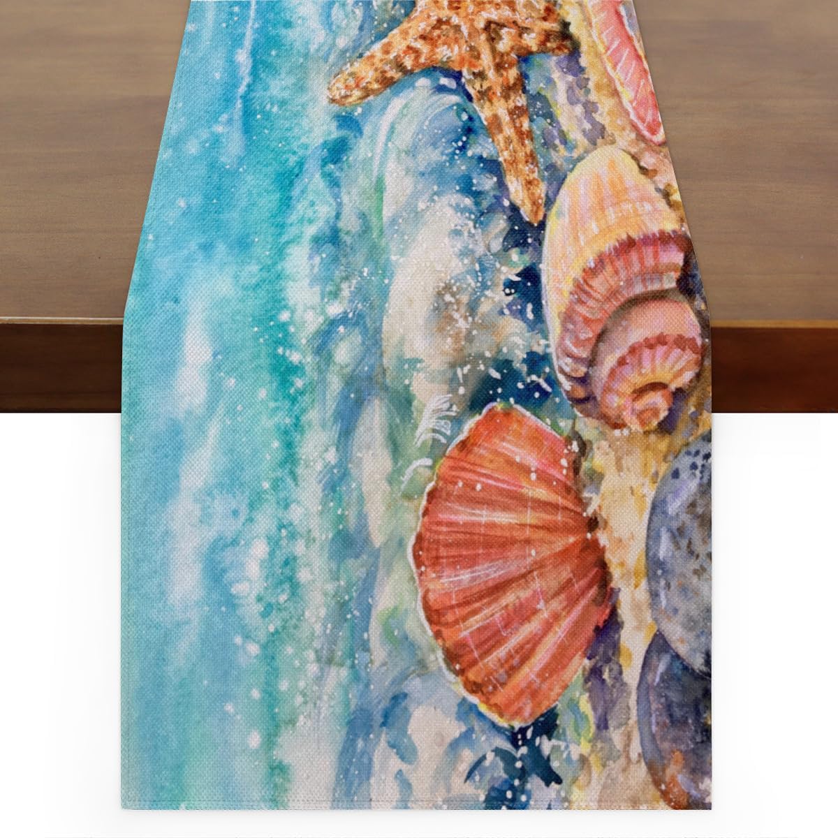 Table Runner Watercolor Shell Starfish, Rustic Linen Table Cloth for Farmhouse Kitchen, Dinner, Events, Party, Holiday Table Decor 13 x 36 Inches