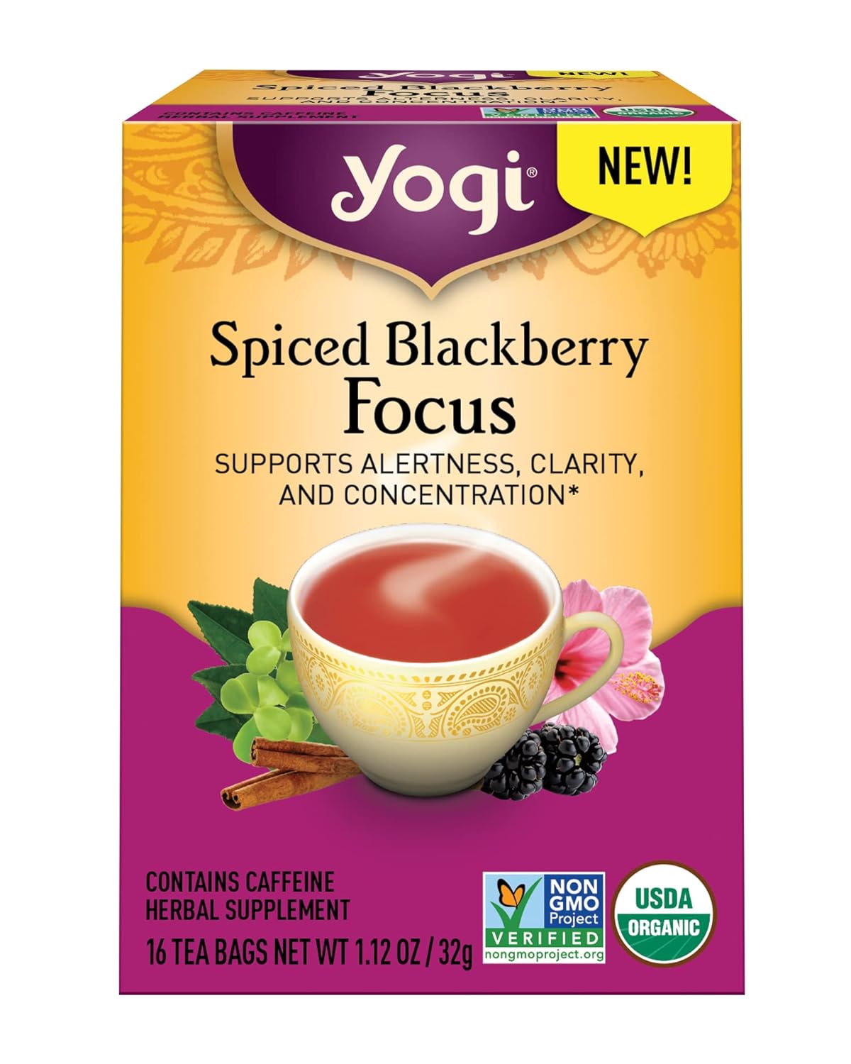 Yogi Té especiado Blackberry Focus Tea  16 bolsas de té por paquete (6 paquetes)  Té orgánico de mora para concentración con cafeína  Incluye hoja
